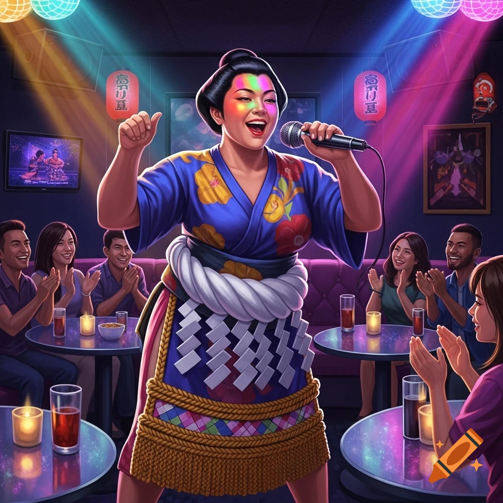 A female sumo wrestler in a colorful robe sings into a microphone on stage at a vibrant karaoke bar, with patrons clapping.