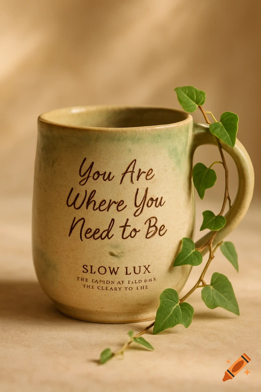 A rustic ceramic mug with the text "You Are Where You Need to Be" and a small ivy vine wrapped around its handle on a neutral background.