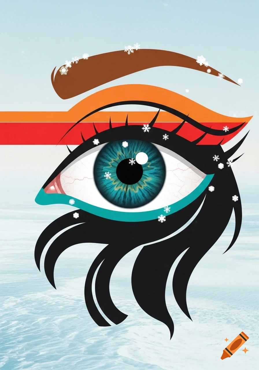 A stylized illustration of a blue-green eye with a brown eyebrow and orange stripes, featuring white snowflakes on a light blue snowy background.