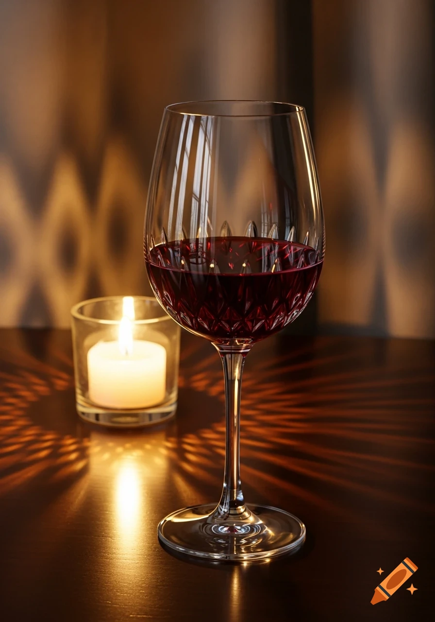 A close-up shot of a wine glass filled with red wine, next to a lit candle creating intricate light patterns on a table.