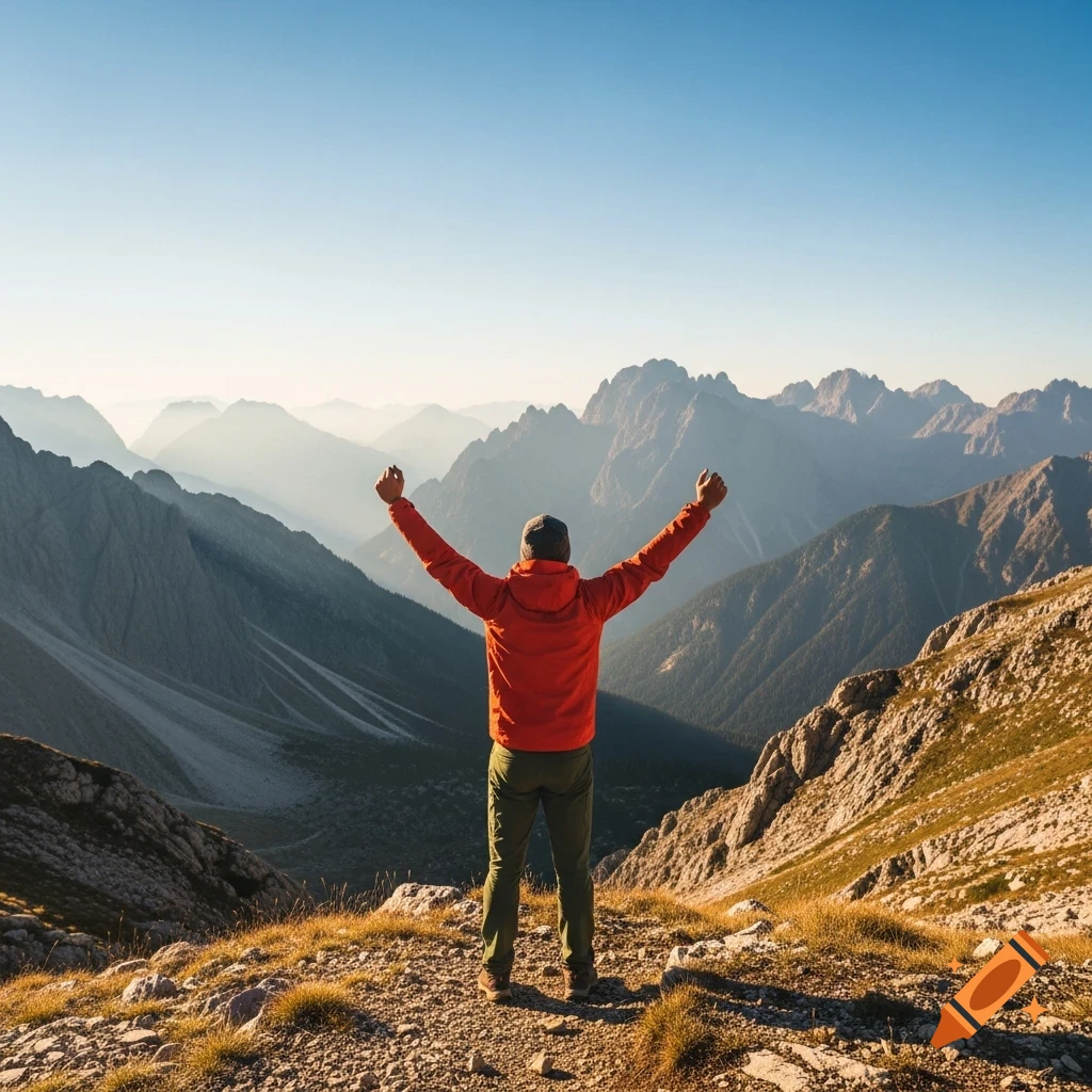 A person stands on a mountain peak with arms raised in victory, overlooking a vast mountain range under a clear sky.