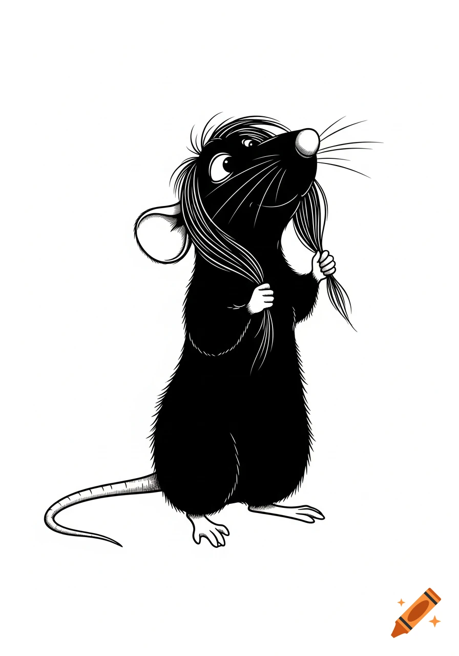 A black and white stylized cartoon rat stands upright, holding long hair-like strands with its front paws.