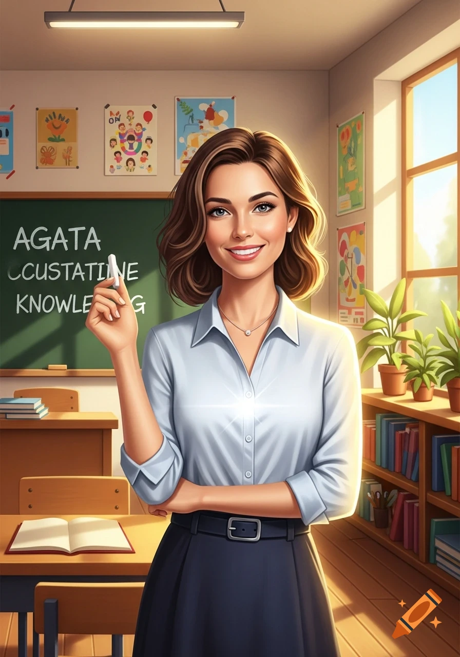 Smiling female teacher in a light blue shirt stands in a classroom, holding chalk, next to a blackboard. Digital art.