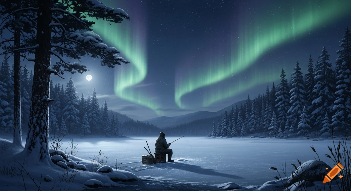 An ice fisherman sits on a frozen lake at night under the vibrant green Northern Lights, surrounded by snow-covered pine trees and a full moon.