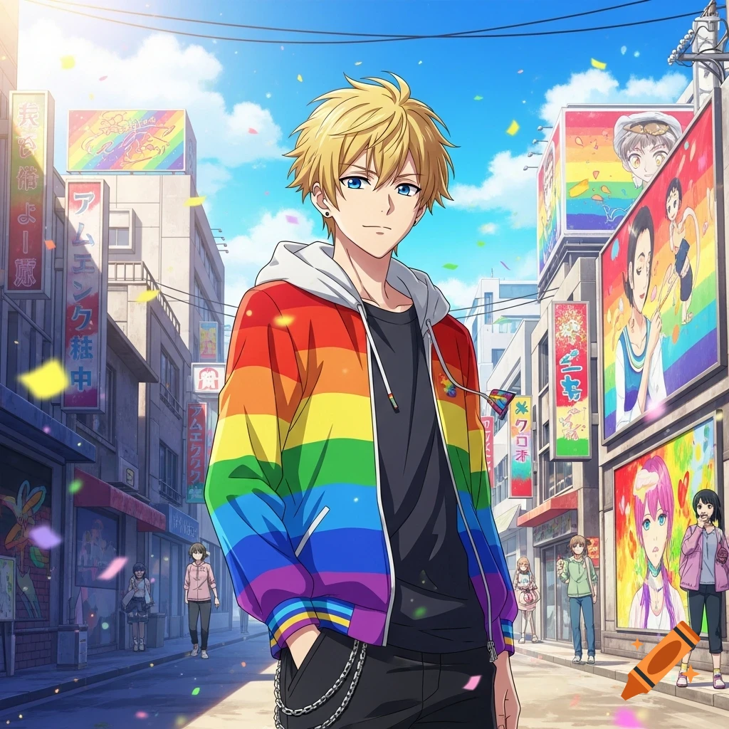 Anime boy with blonde hair and blue eyes wearing a rainbow jacket in a city street with confetti and rainbow signs.