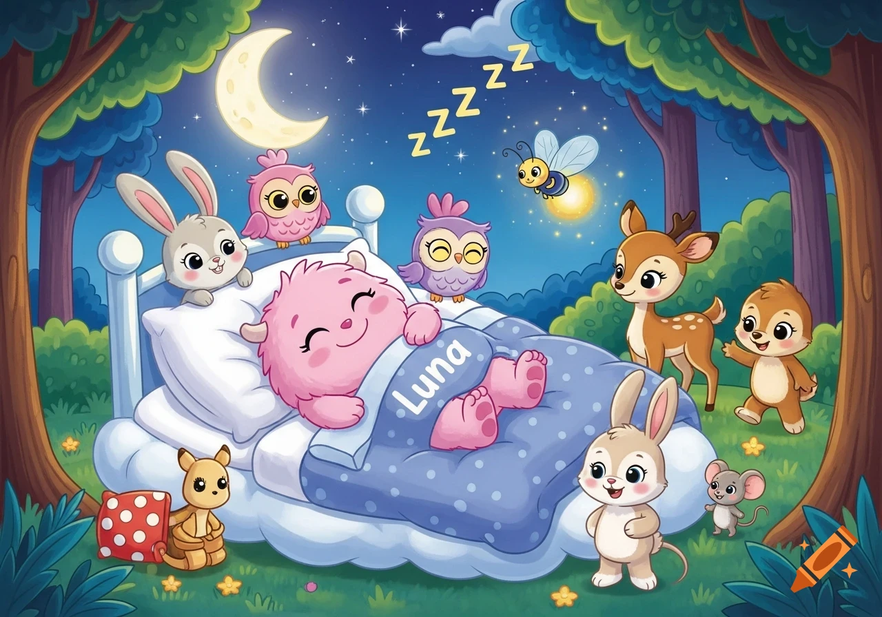 A cute pink monster named Luna sleeps in a bed in a magical night forest, surrounded by cartoon animals like rabbits, owls, deer, and a firefly.