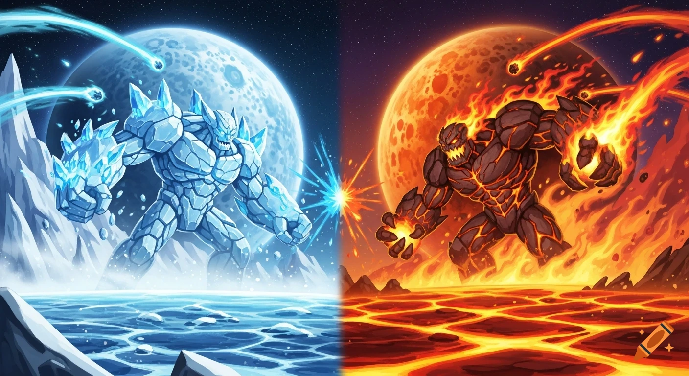 Epic cartoon of an ice golem and fire golem battling in a divided world of ice and lava, with planets in the background.