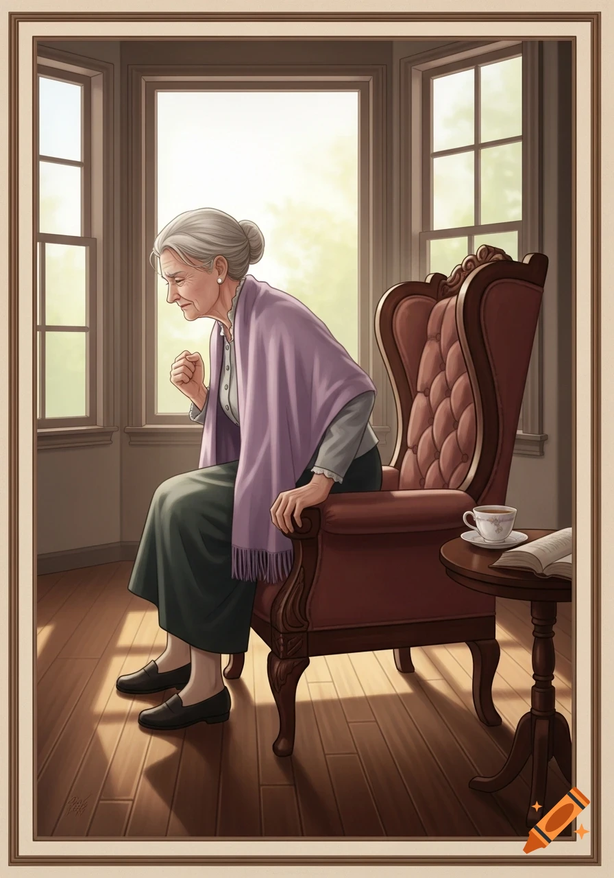An illustration of an elderly woman with gray hair, wearing a purple shawl, sitting on a high-backed chair in a sunlit room, looking down.