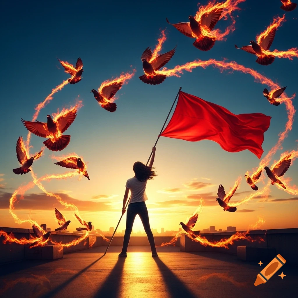 A woman stands on a rooftop holding a red flag, silhouetted against a sunset, surrounded by numerous pigeons engulfed in fire.