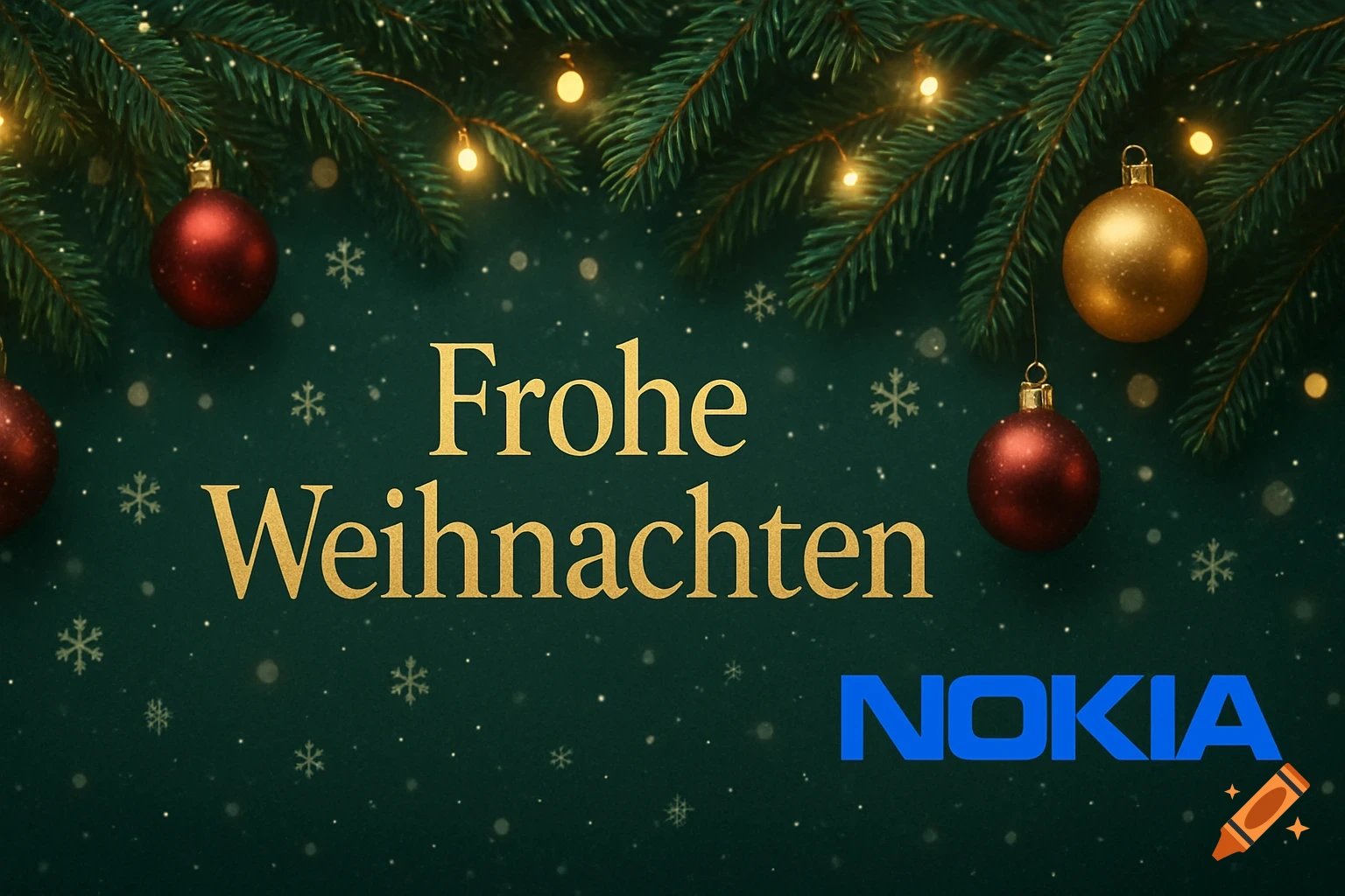 A festive dark green Christmas background with pine branches, ornaments, lights, snowflakes, 'Frohe Weihnachten' text, and a blue Nokia logo.