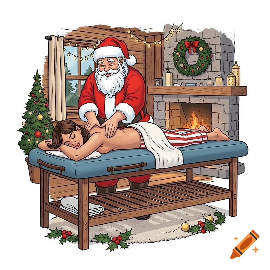 Santa Claus gives a woman a back massage in a cozy, festive room with a Christmas tree and fireplace, in a colorful comic style.