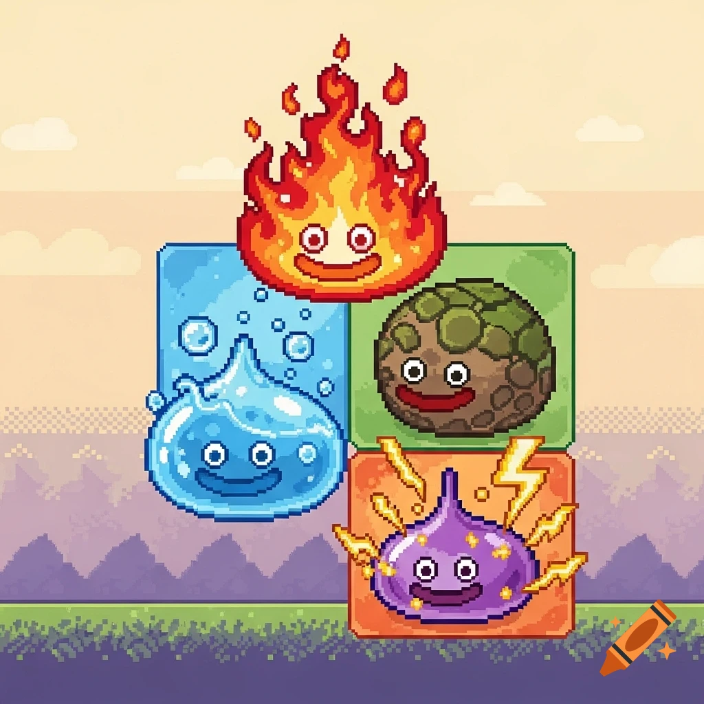 Four cute, smiling elemental slimes in a pixel art style: fire, water, earth, and lightning, set against a pixelated landscape.