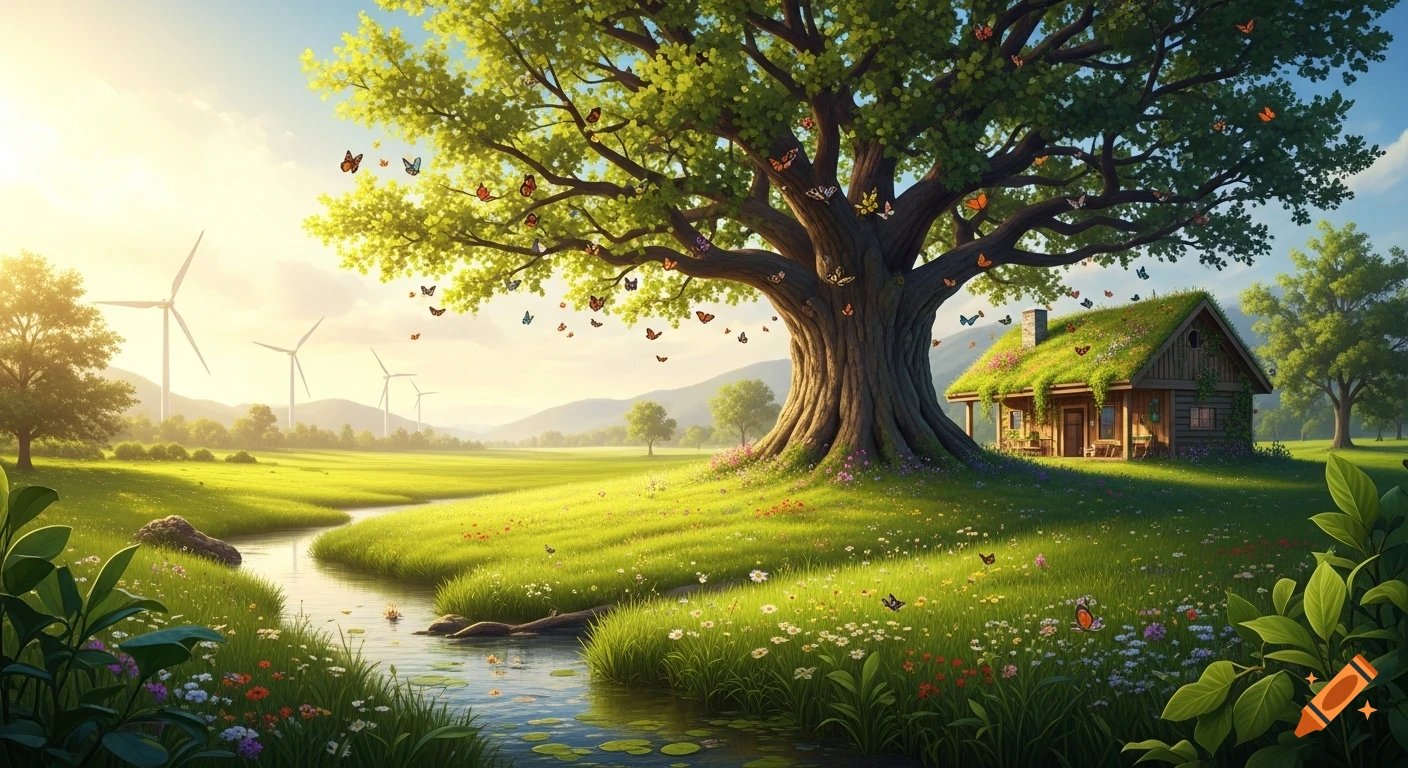 A vibrant green landscape with a large tree full of butterflies, a stream, a moss-roofed cottage, and wind turbines under a sunny sky.