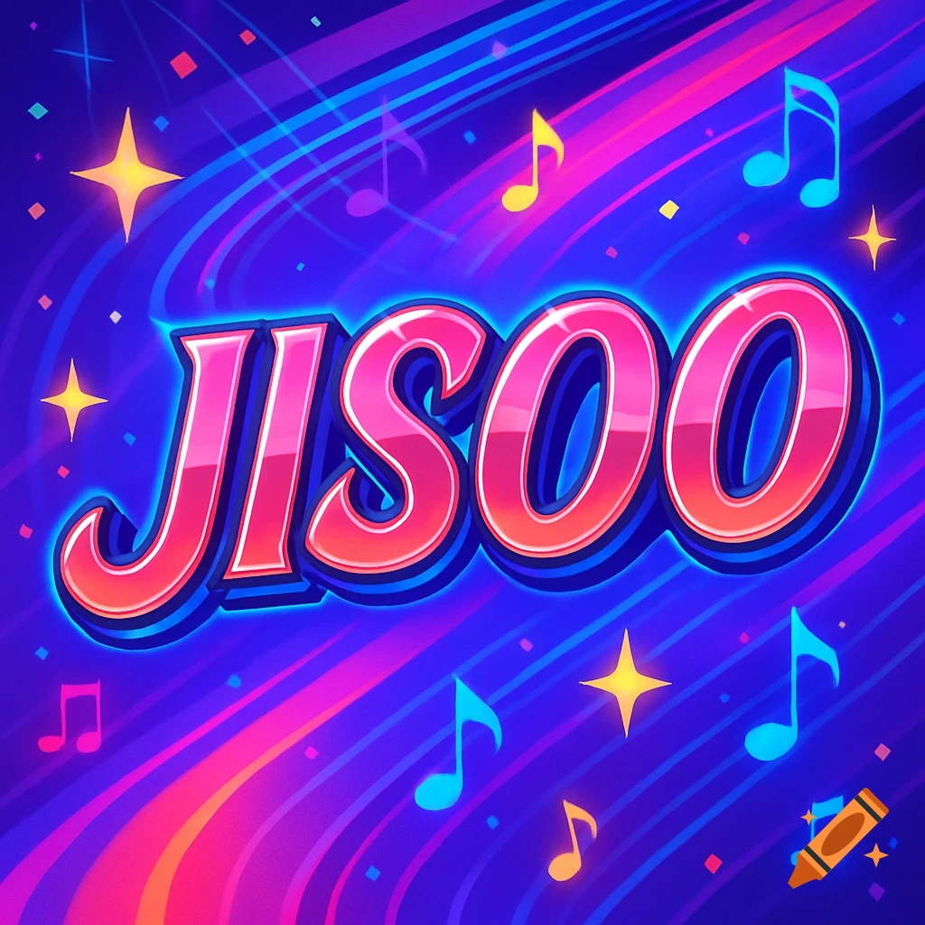 Stylized pink and blue text 'JISOO' with a vibrant K-pop inspired background featuring musical notes, stars, and neon lines.