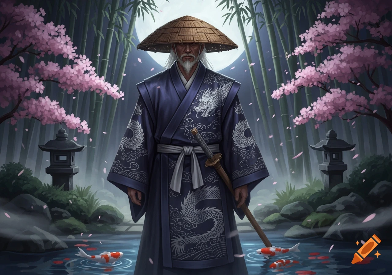 A white-bearded samurai in a blue dragon kimono stands in a Japanese garden with cherry blossoms, bamboo, koi fish, and stone lanterns.