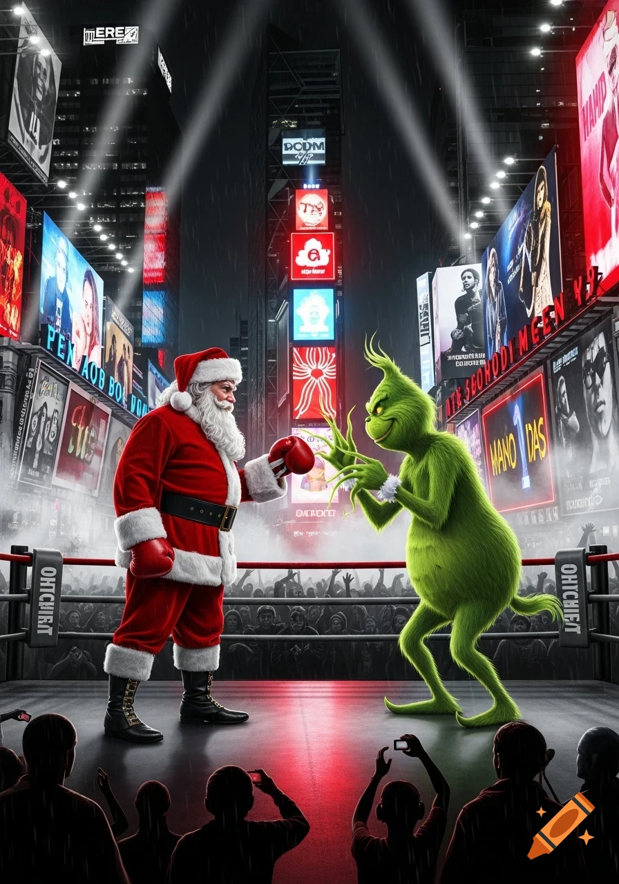 Santa Claus and the Grinch face off in a boxing ring, illuminated by spotlights, in a nighttime Times Square setting.
