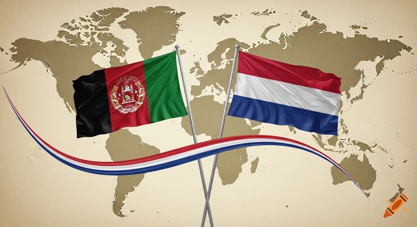 Photorealistic image of the Afghanistan and Netherlands flags crossed on poles, set against a vintage-style world map.