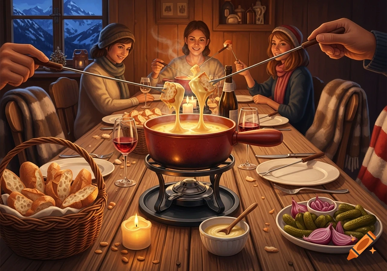 People enjoying a fondue dinner in a cozy, rustic cabin with snowy mountains visible through the window.