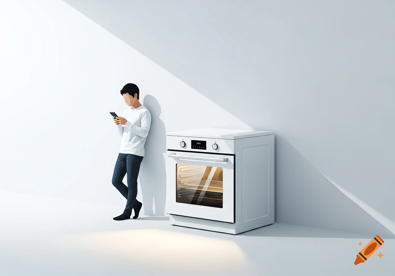 Minimalist illustration of a person on a phone next to a white oven in a bright, white room with geometric shadows.
