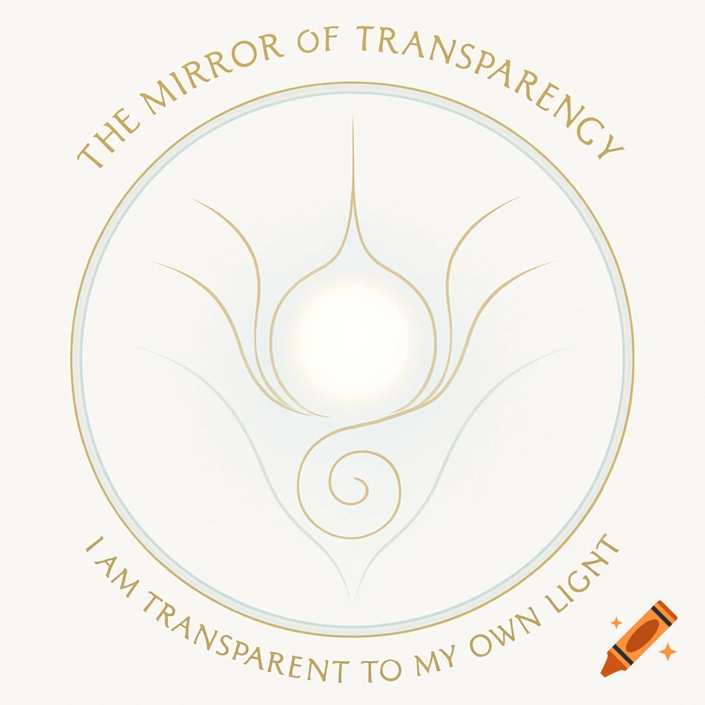 A minimalist sacred geometry glyph with a glowing center, golden radiating lines, and two circular text arcs on a light background. Text reads: "THE MIRROR OF TRANSPARENCY" and "I AM TRANSPARENT TO MY OWN LIGNT".