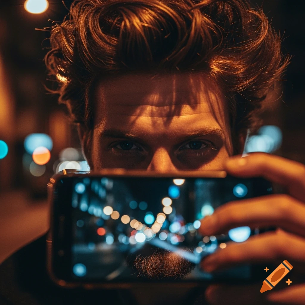 Close-up portrait of a man with wild reddish hair and a stubble beard holding a smartphone displaying blurred night city lights.