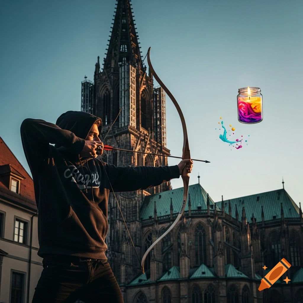 A stylish person in a hoodie aims a bow and arrow at a colorful glass jar of wax, with the grand Ulm Minster cathedral in the background.
