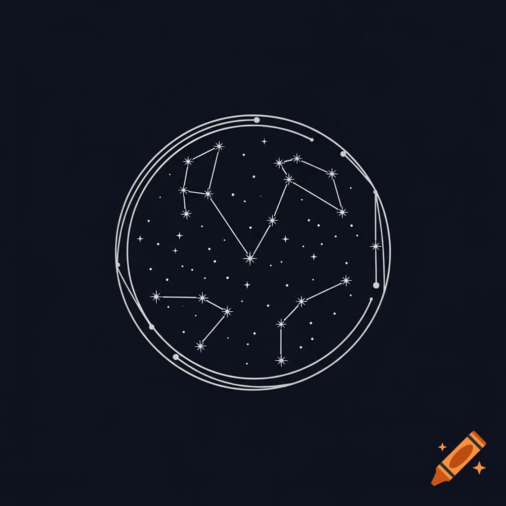 Minimalist logo of white constellations and stars inside a silver-bordered circle on a dark navy background.