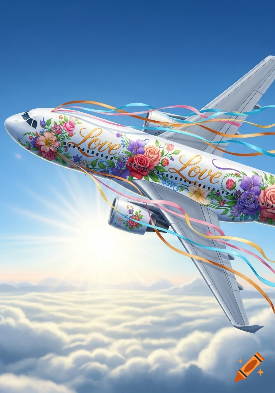 A white airplane adorned with colorful flowers, ribbons, and the word 'Love' flies above a sunny cloudscape.
