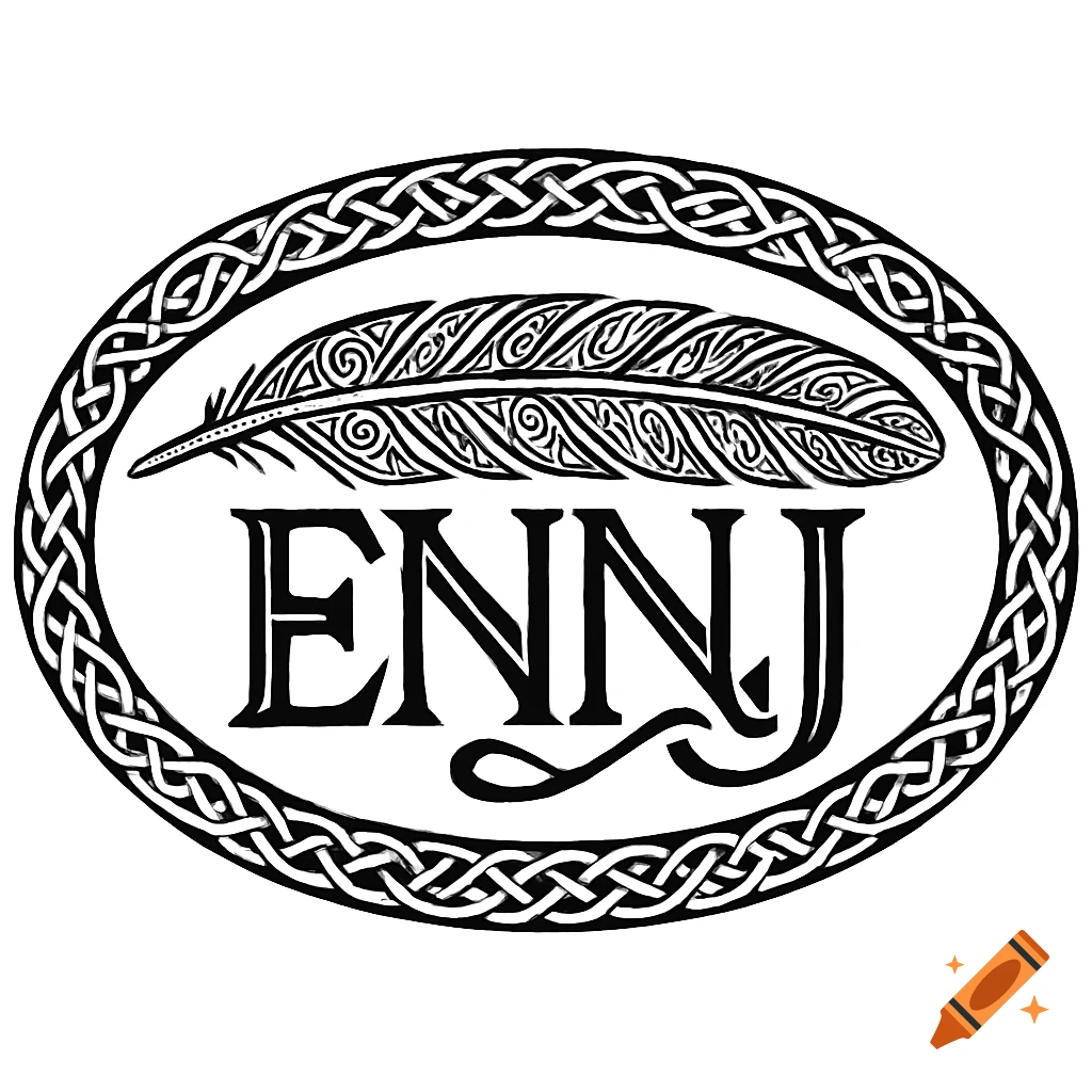 Black and white Celtic knot oval logo with a patterned eagle feather above the text 'ENNJ'.