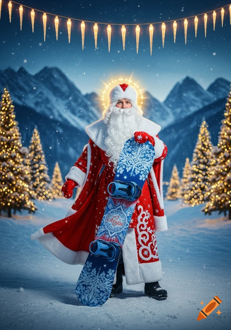 Photorealistic Ded Moroz in a red suit holding a snowboard in a snowy mountain landscape with festive lights and Christmas trees.