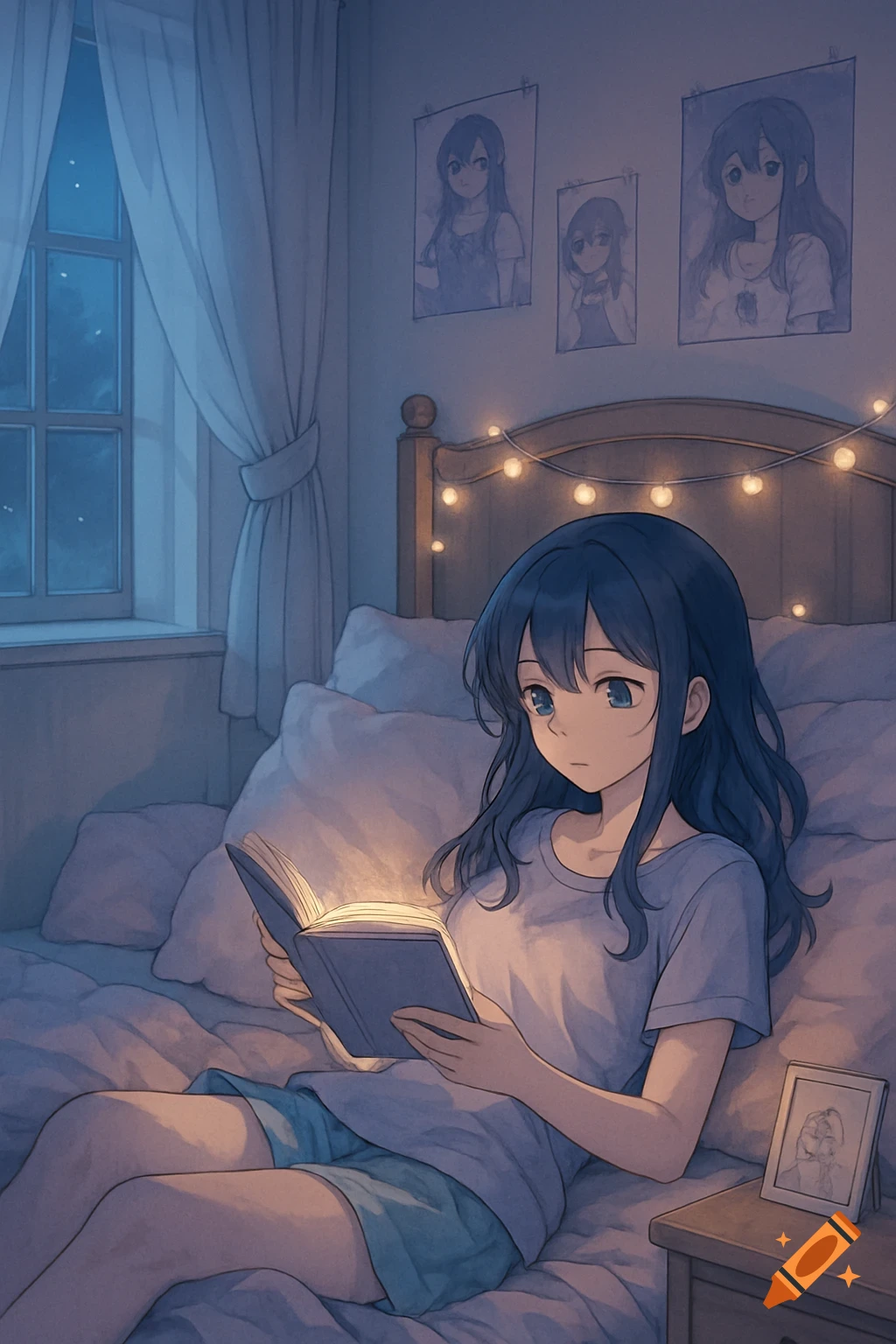 An anime girl with blue hair sits on a bed, reading a glowing book in a cozy bedroom illuminated by string lights and moonlight from a window.