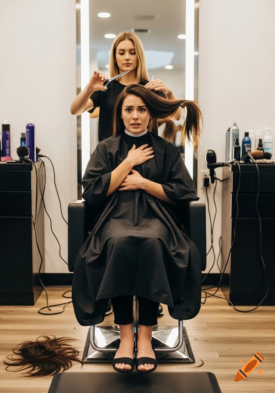 A photorealistic image of an anxious woman in a salon receiving a dramatic haircut, with cut hair on the floor.