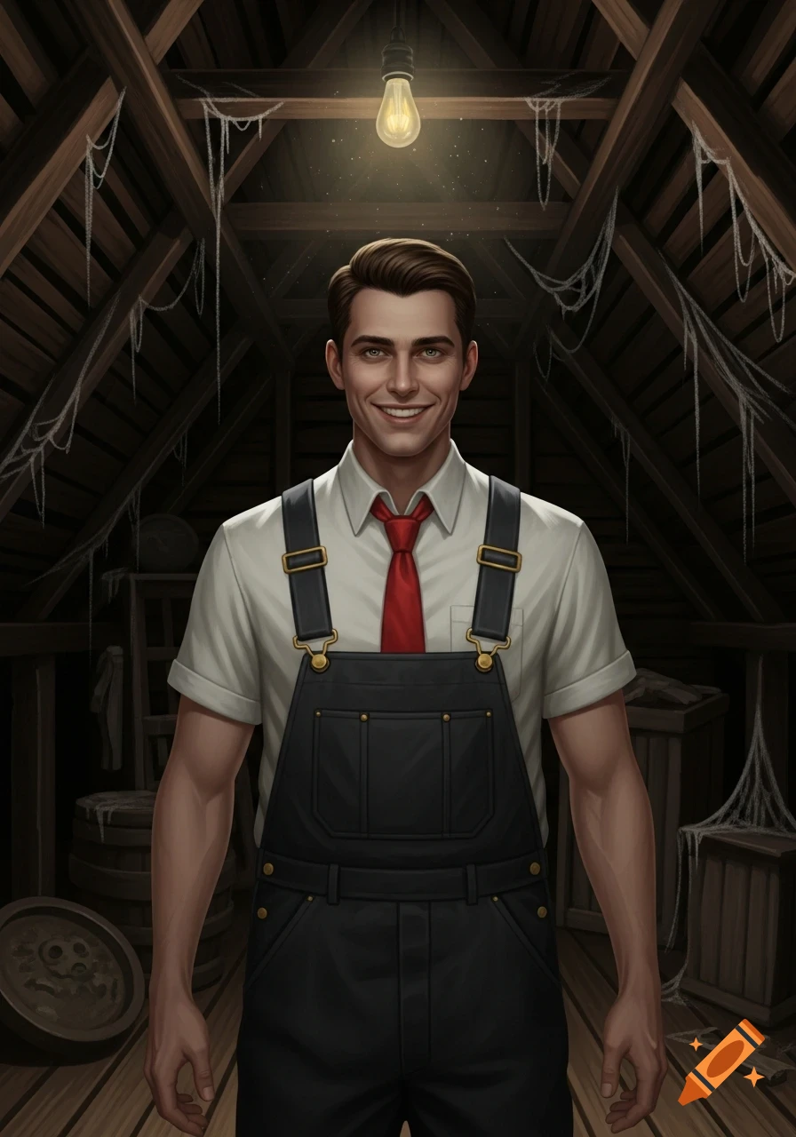 Illustrative portrait of a smiling man in black overalls and a red tie, standing in a dimly lit, dusty attic with cobwebs.