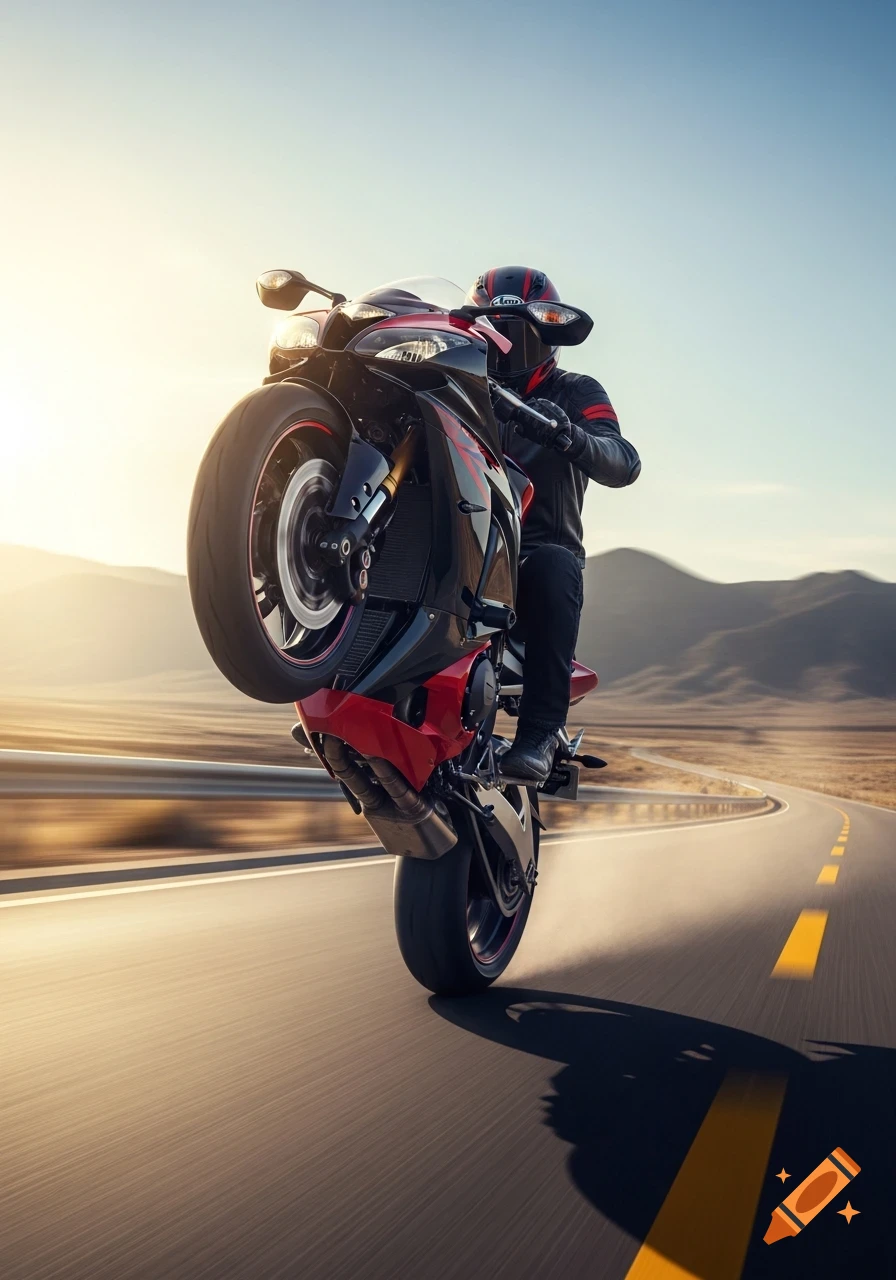 A motorcyclist on a black and red sports bike performs a wheelie on an open road at sunset, with mountains in the background. Photorealistic style.