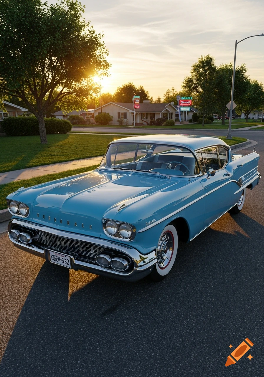 Light blue vintage car parked on a suburban street during sunset, photorealistic.