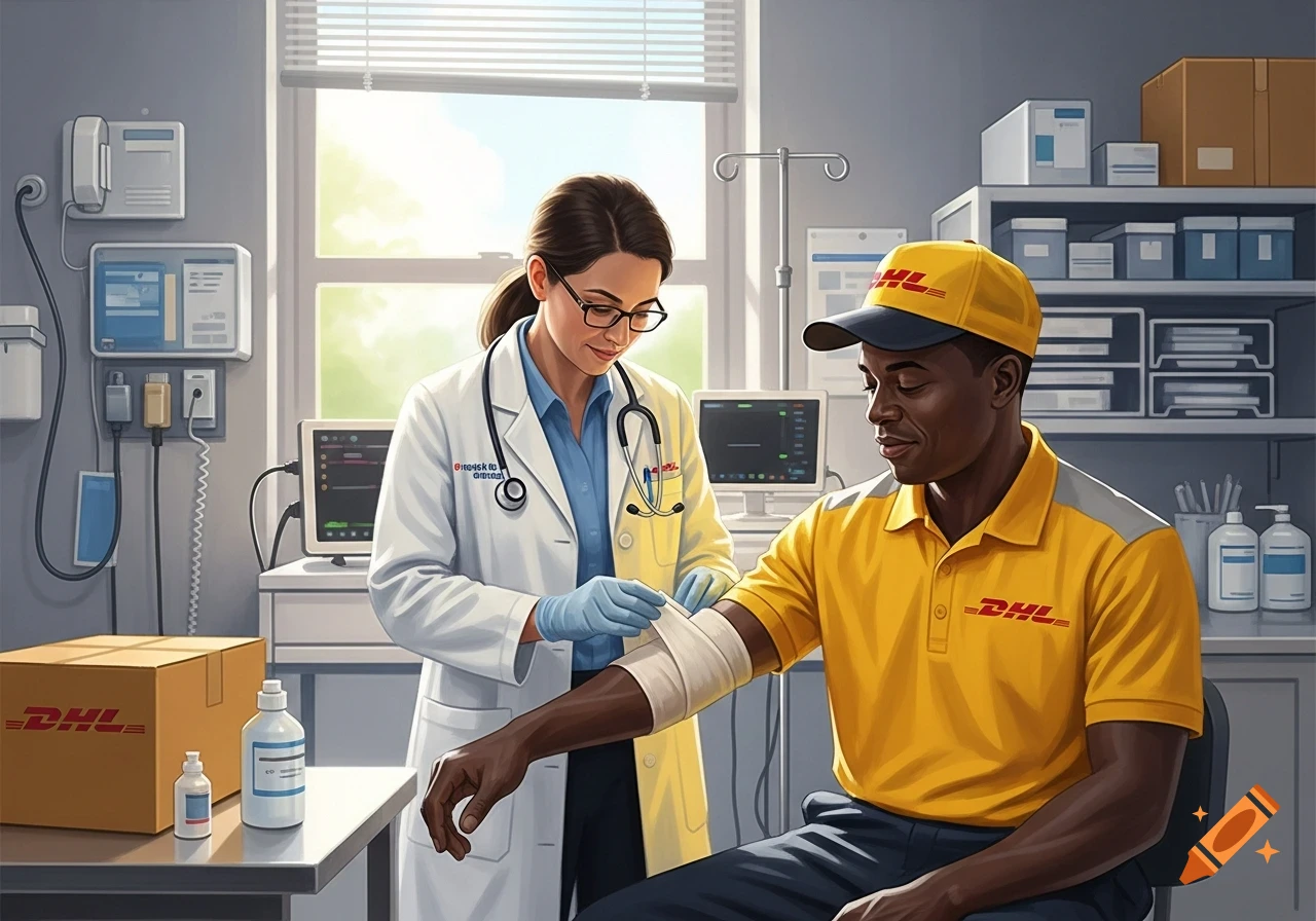 A female doctor in a white lab coat and gloves bandages the arm of a male DHL delivery driver wearing a yellow polo shirt and cap in a medical examination room.