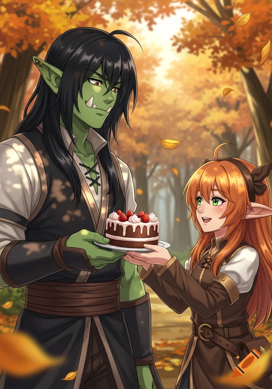 An anime-style orc man with long black hair is given a chocolate cake with strawberries by an elf-like woman with long orange hair in an autumn forest.