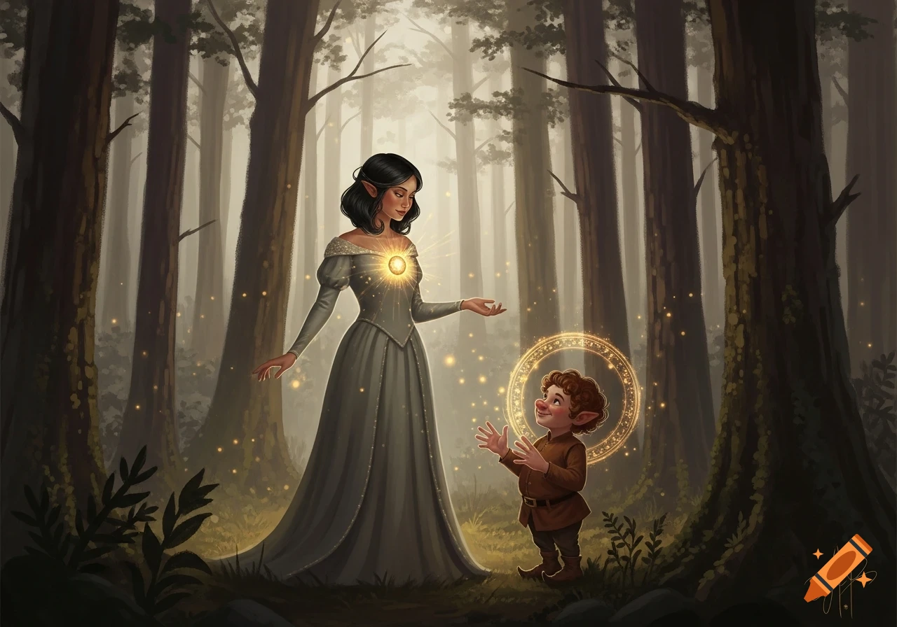 A dark-haired princess with a glowing heart and an excited dwarf with curly hair stand in a mystical forest with tall trees and glowing particles, in a painterly fairytale style.