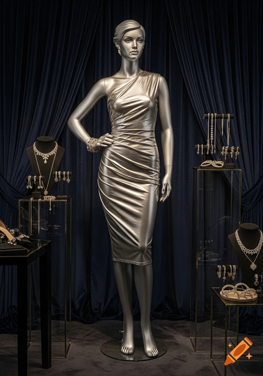 A photorealistic image of a silver mannequin wearing a metallic gold dress and diamond jewelry against a dark blue curtain.