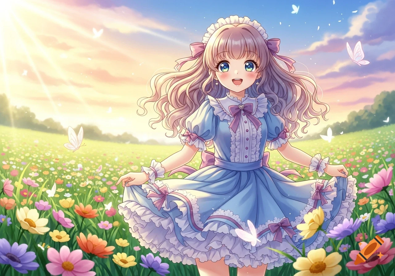 A cheerful anime girl with long blonde hair in a blue ruffled dress skips through a sunny field of colorful wildflowers and butterflies.
