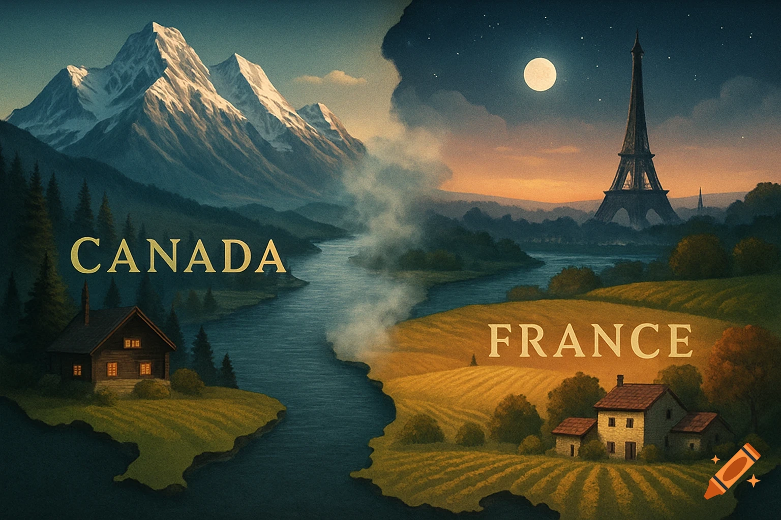 An illustrative split landscape: Canada with mountains and a cabin, France with the Eiffel Tower and fields. Words 'CANADA' and 'FRANCE' visible.