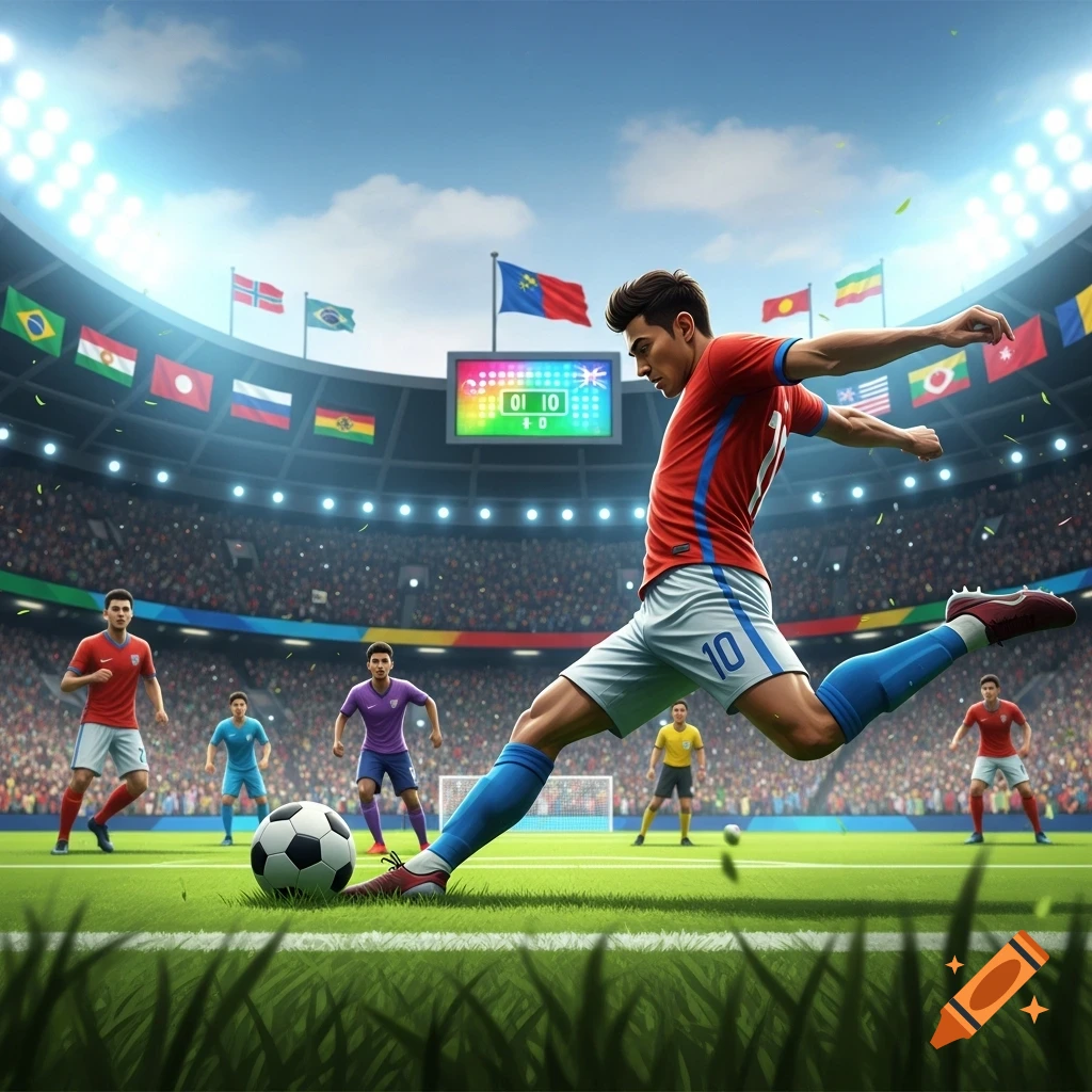 A soccer player in a red jersey kicks a ball on a green field in a stadium with national flags and a scoreboard.