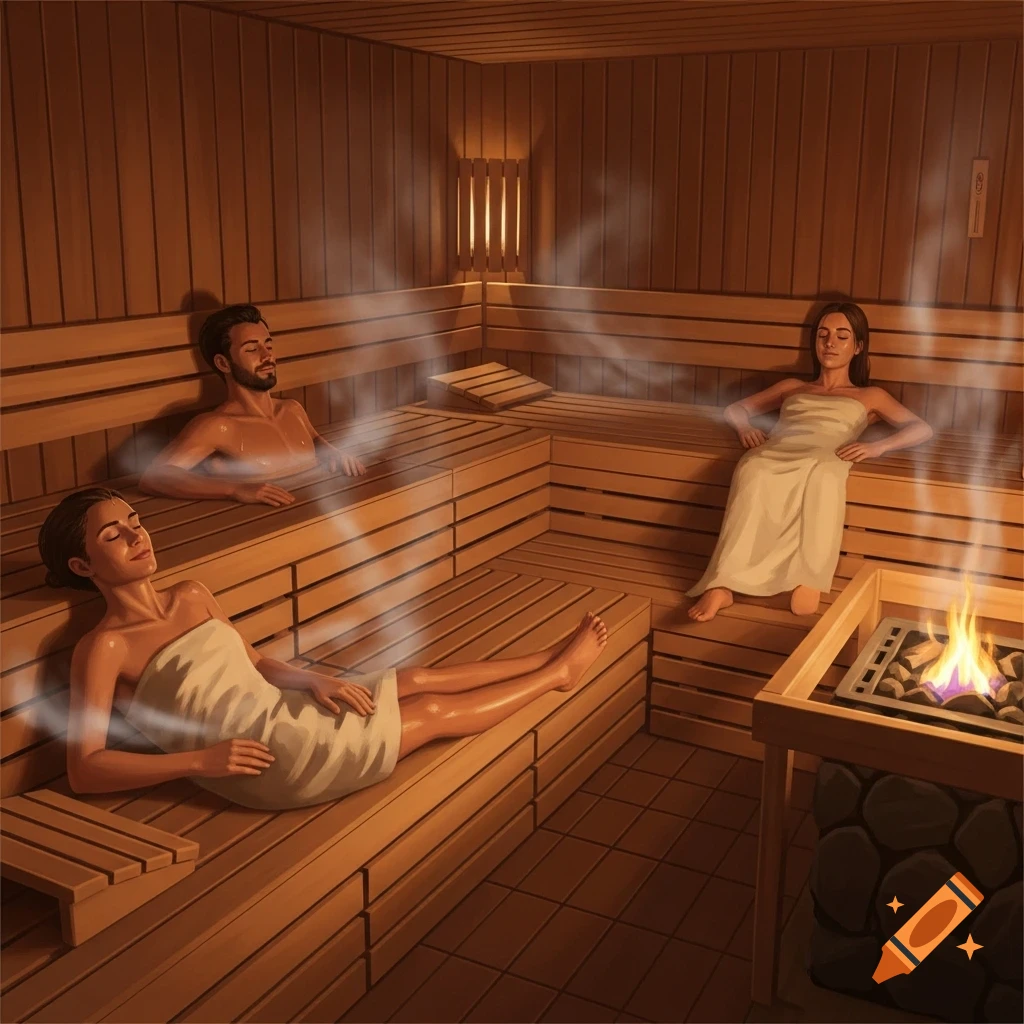 Three people relaxing in a warm, steamy wooden sauna with a glowing heater.