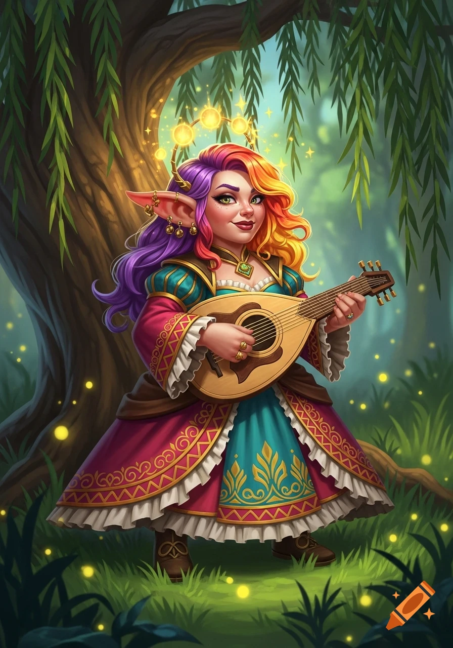 A stylized illustration of a halfling bard with multi-colored hair playing a lute in an enchanted forest.