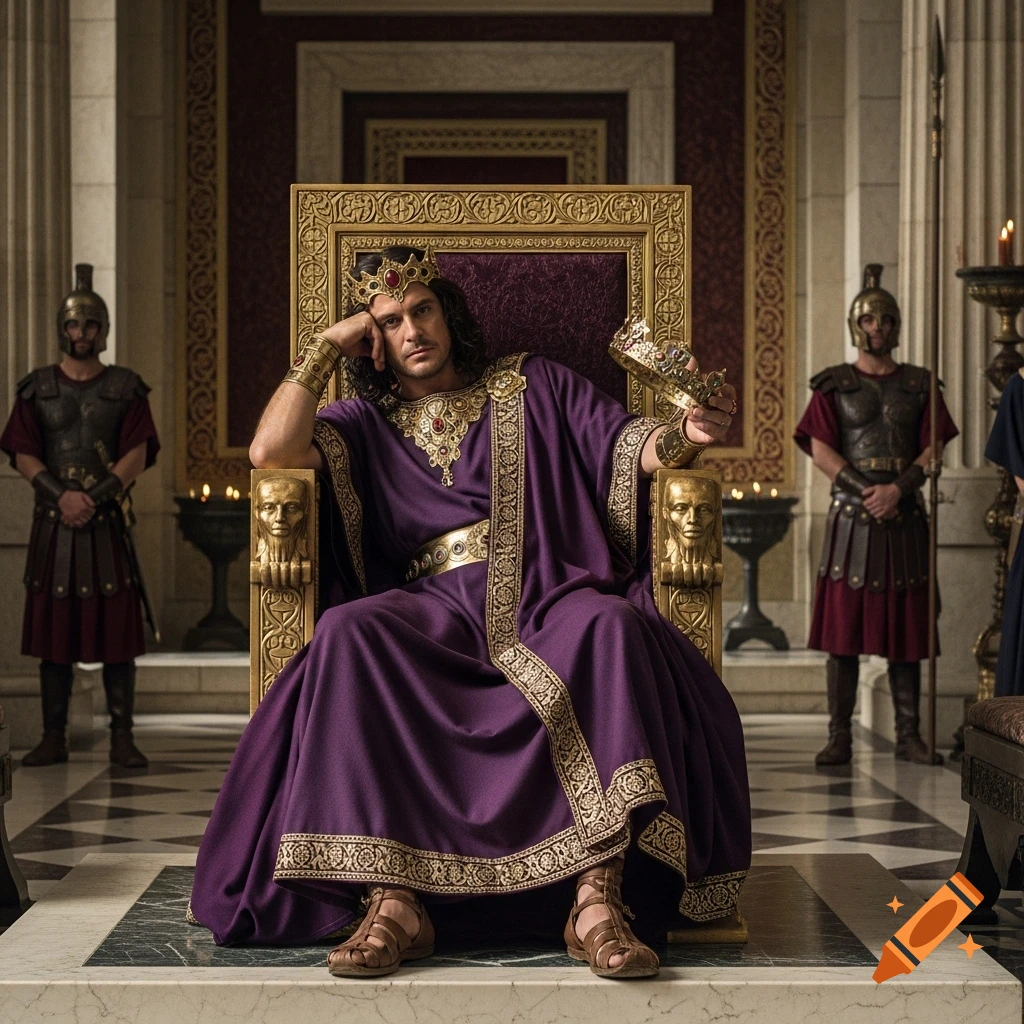 A king in a purple and gold robe sits on a golden throne, holding his crown. Two guards stand in a grand hall.