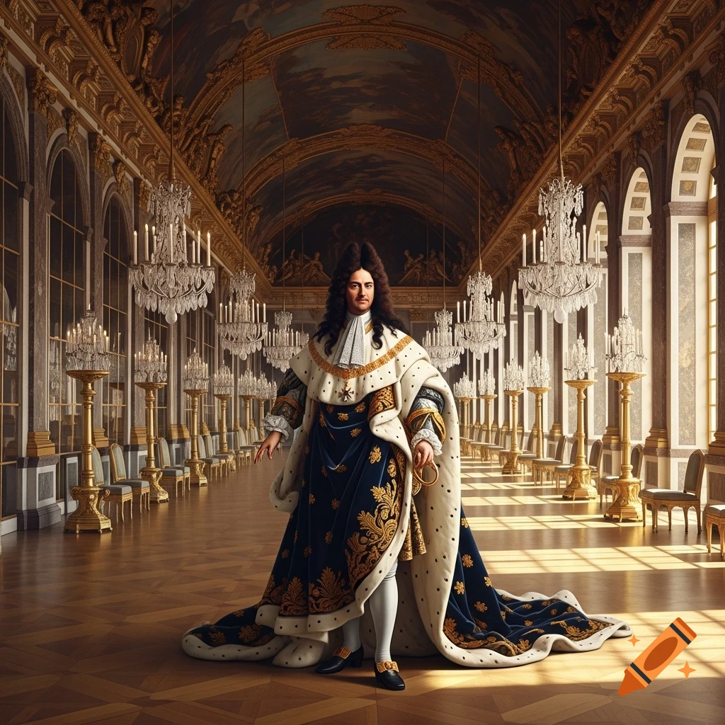 A king in opulent 17th-century attire stands in a lavish, gold-adorned palace hall with chandeliers.