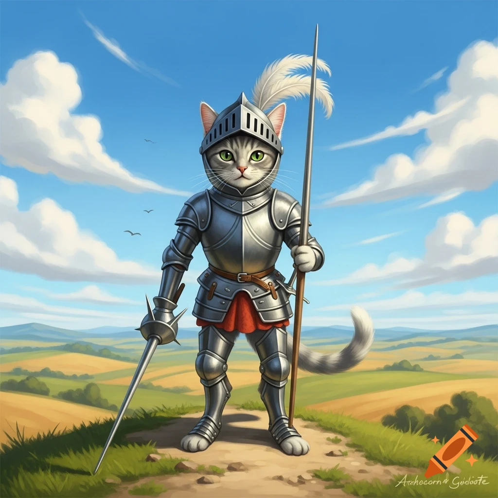 A cartoonish gray cat knight stands on a path in a field, holding a spear and a sword, under a blue sky.