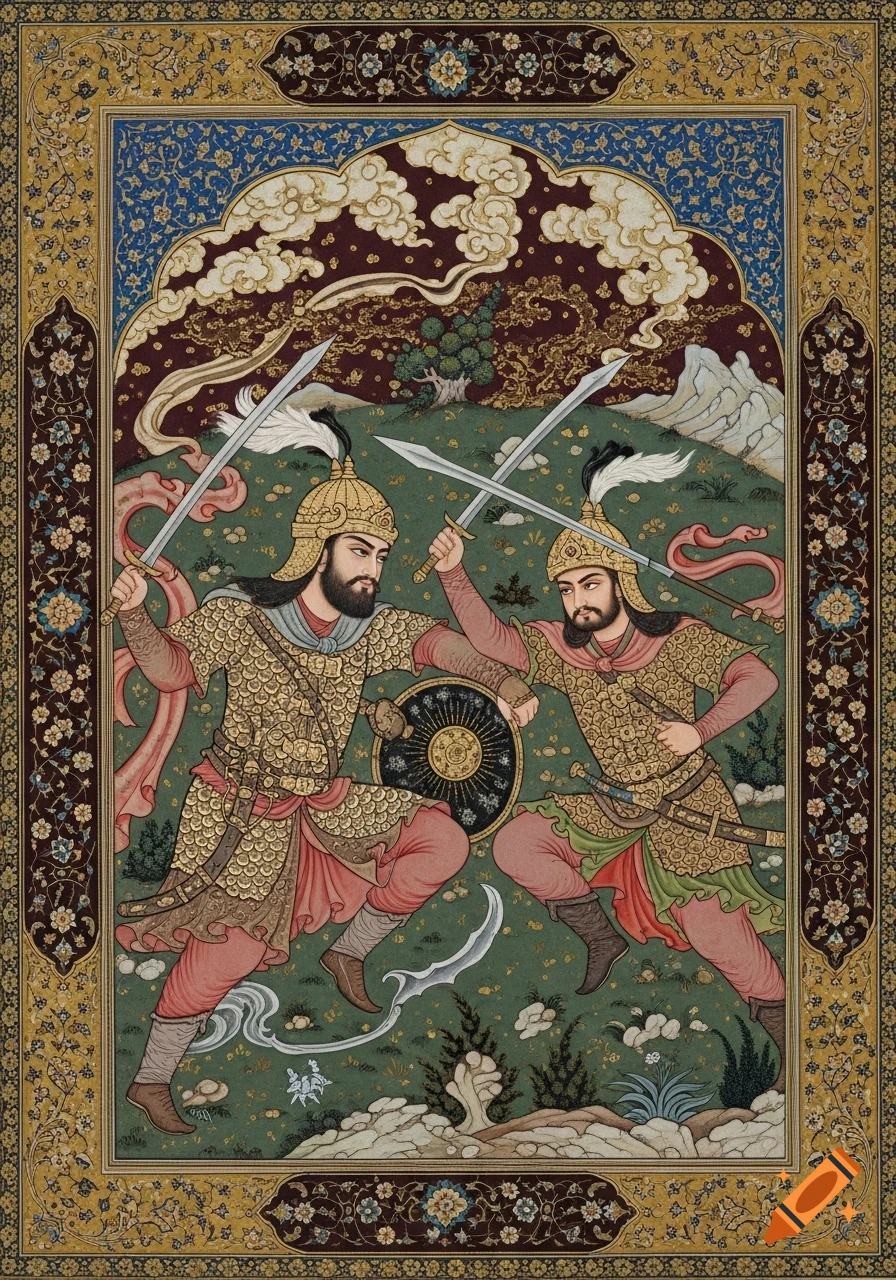 Two warriors in ornate armor battle with swords in a vibrant Persian miniature painting.