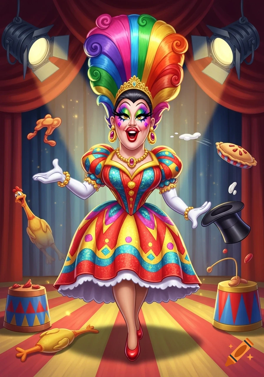 A colorful, cartoon-style illustration of a drag queen or clown with a rainbow wig on a stage with circus props.