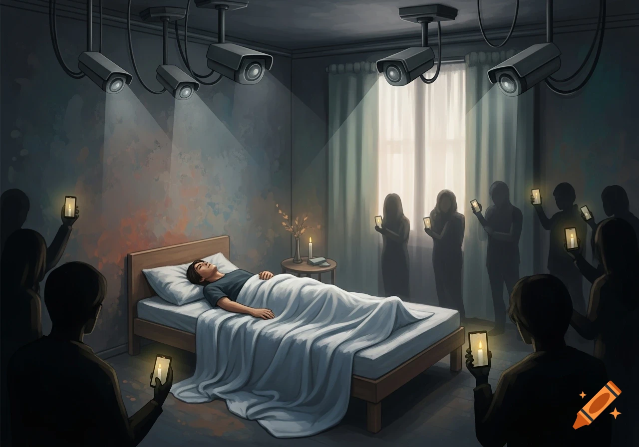 A person sleeps in bed under surveillance by CCTV cameras and shadowy figures recording with glowing phones, digital art.